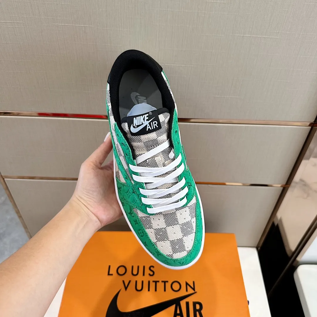Men's shoes 💰p440 "*OUIS *UITTO* Nike" new original drawer box, co-branded low-top casual sneakers, this sneaker is completely made of denim canvas splicing leather, decorated with Louis Vuitton's iconic monogram and Damierl pattern with natural cowhide piping. The upper of this shoe combines LV’s most classic Monogram and Damier elements, giving it a sense of luxury and recognition! Size: 38-45